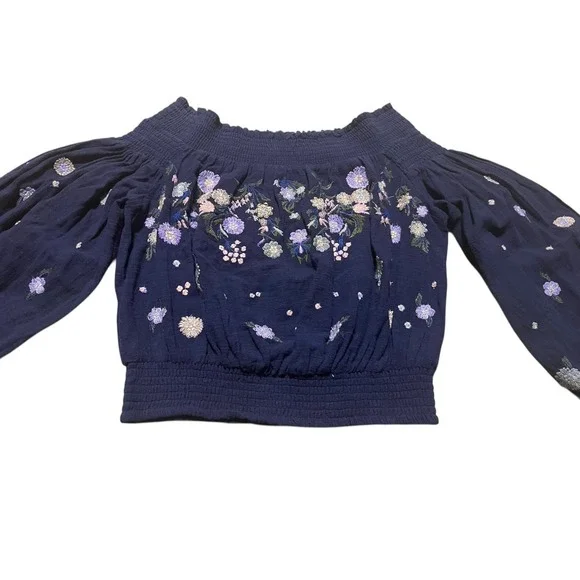 Free People Embroidered Off The Shoulder Blouse Navy Blue Floral Smocked Top S - Picture 5 of 10